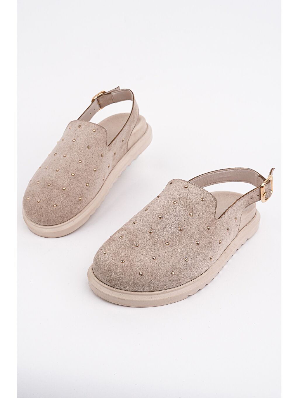 Bej LİLOW Süet Deri Gold Zımbalı Ayarlanabilir Tokalı Günlük Rahat Önü Kapalı Kadın Sandalet-2
