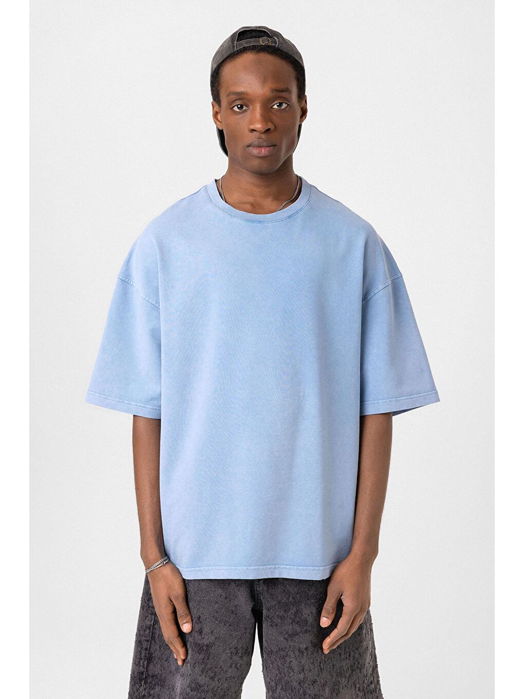 Yıkamalı Oversize Tişört Mavi-3