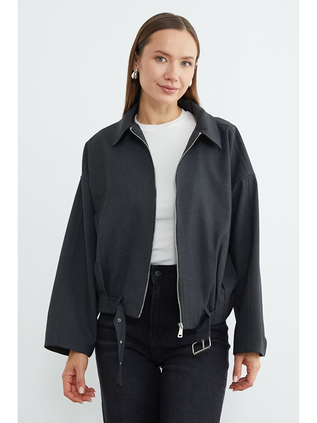 Antrasit Kemerli Pileli Oversize Trençkot-1