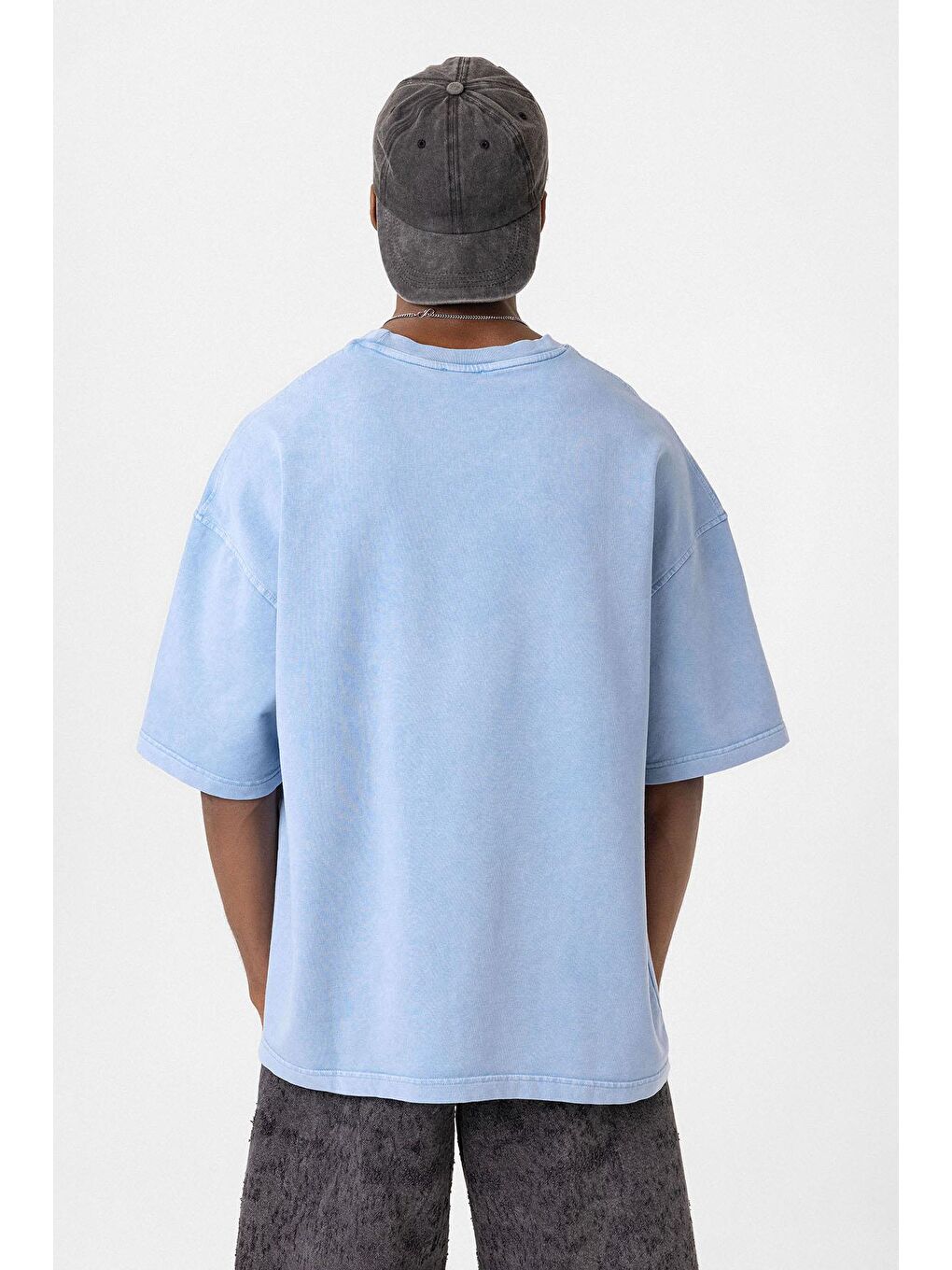 Yıkamalı Oversize Tişört Mavi-5
