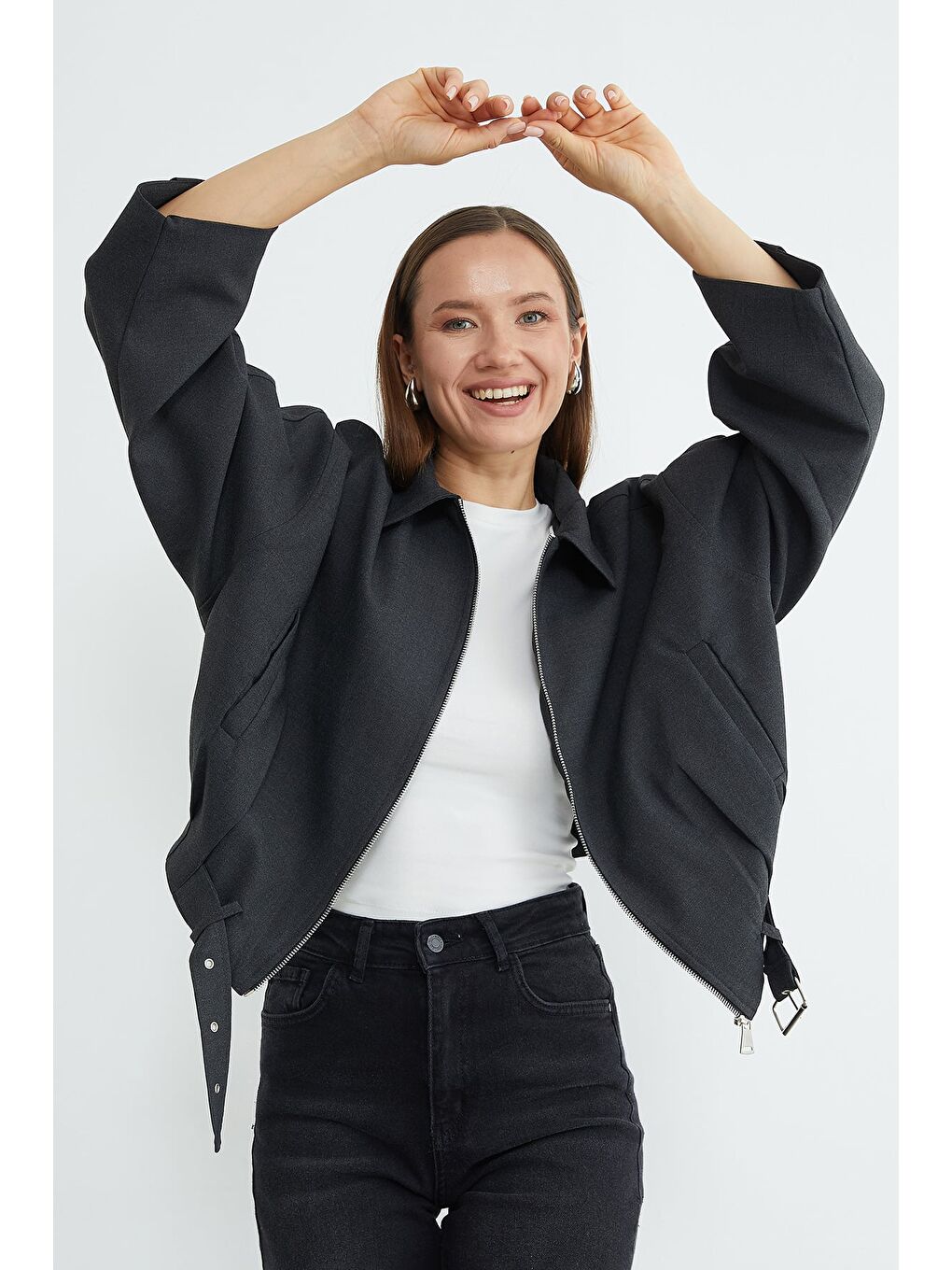 Antrasit Kemerli Pileli Oversize Trençkot-2