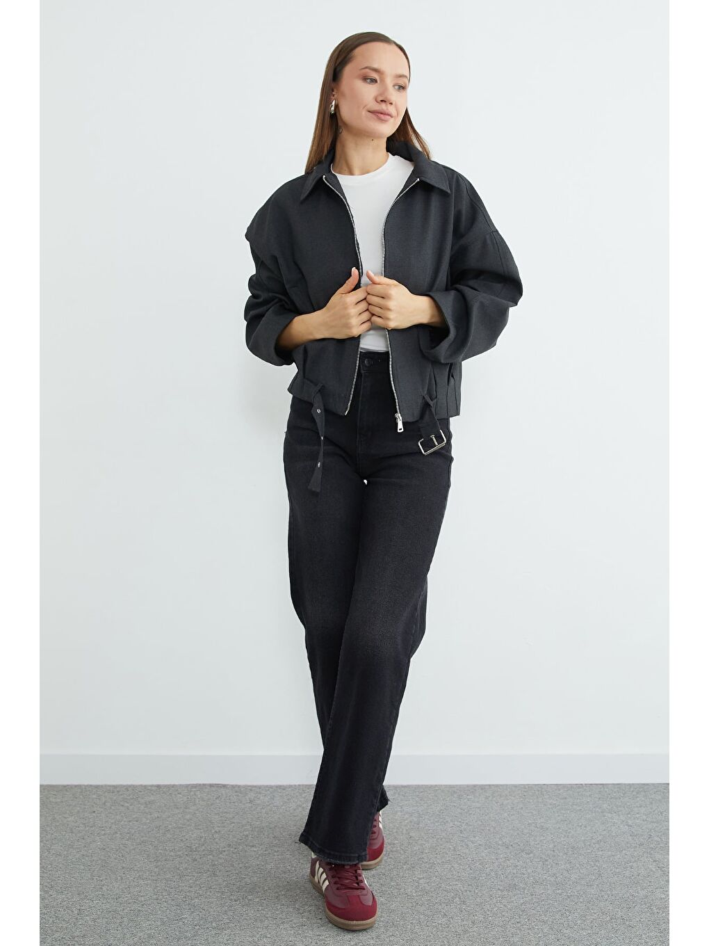 Antrasit Kemerli Pileli Oversize Trençkot-3