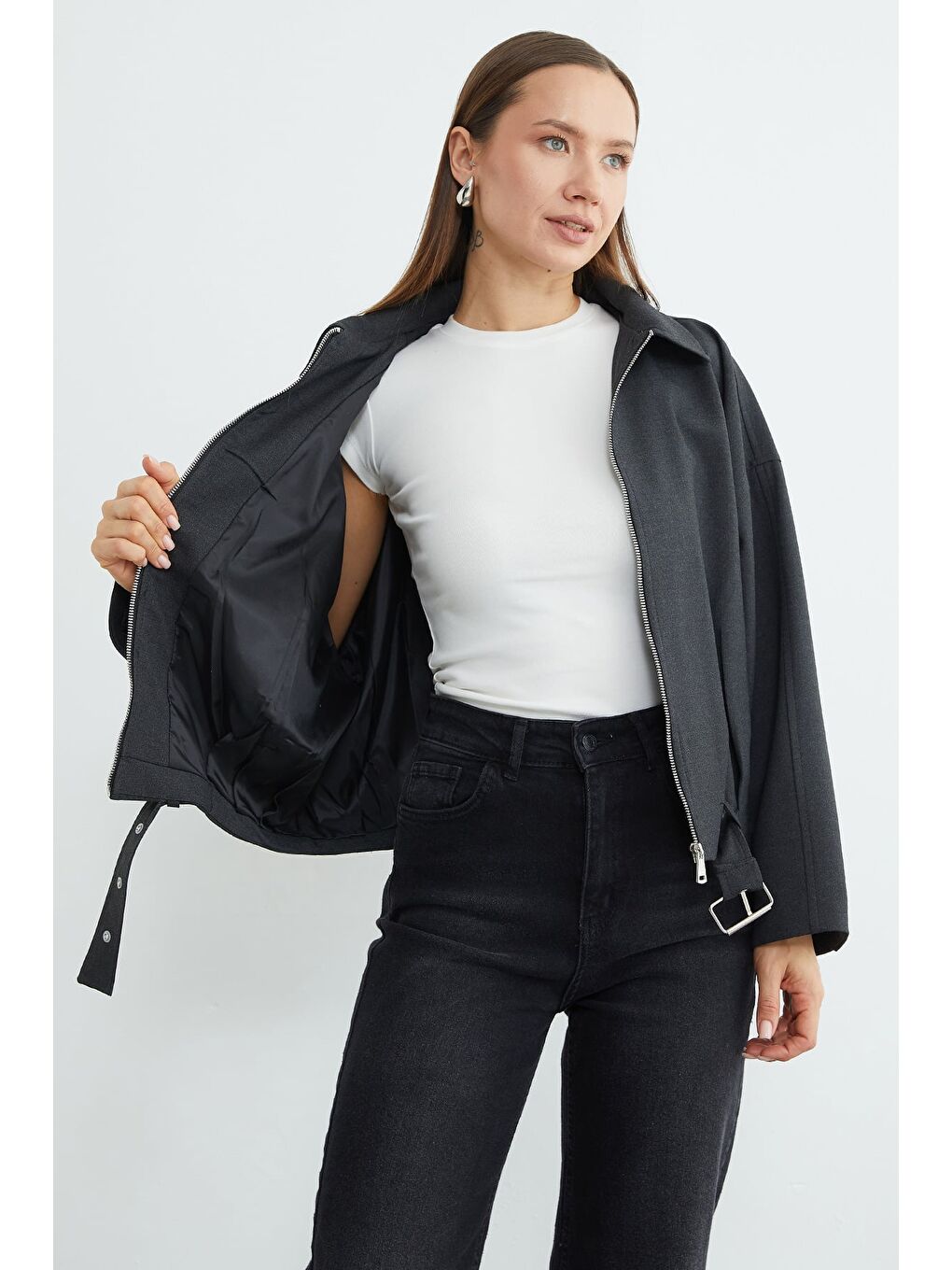 Antrasit Kemerli Pileli Oversize Trençkot-4