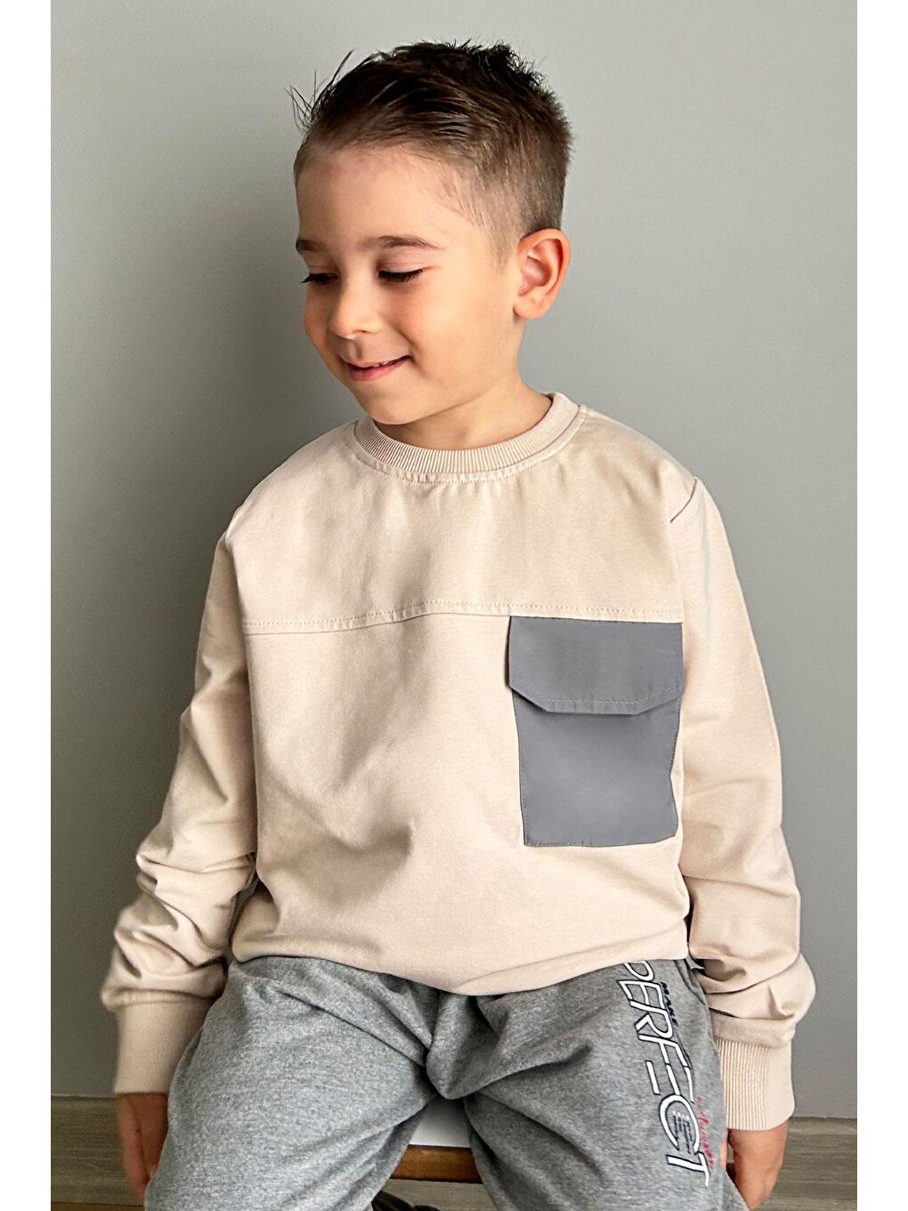 Erkek Çocuk Sweatshirt Kapaklı Cep Detaylı Bej (8-10 Yaş)