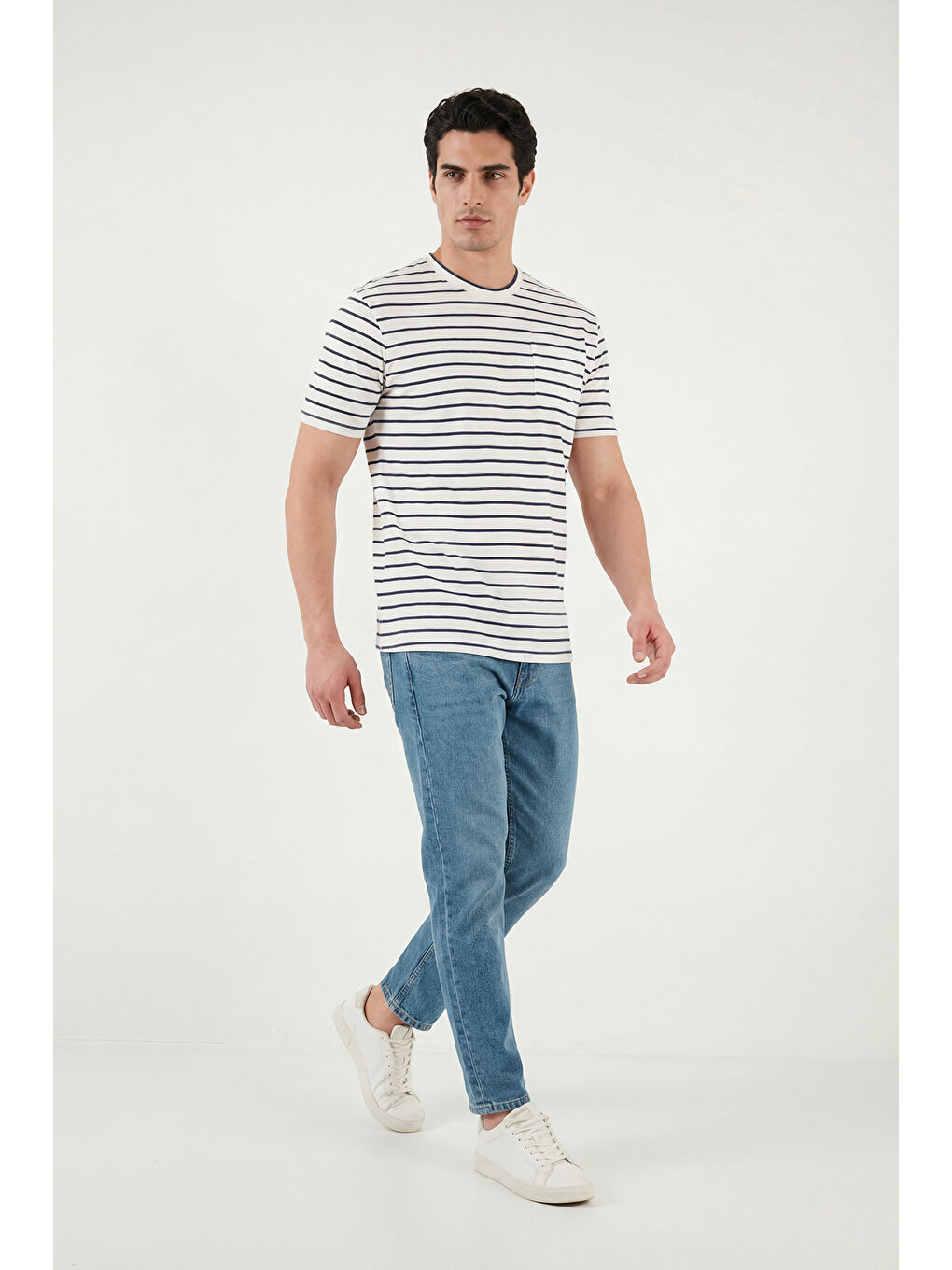 İndigo Pamuklu Çizgili Cep Detaylı Bisiklet Yaka T Shirt 5904057-2