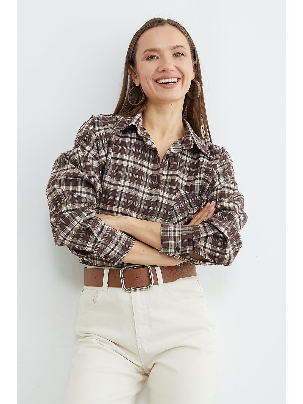 Kahverengi Ekose Desenli Tek Cepli Salaş Gömlek-2