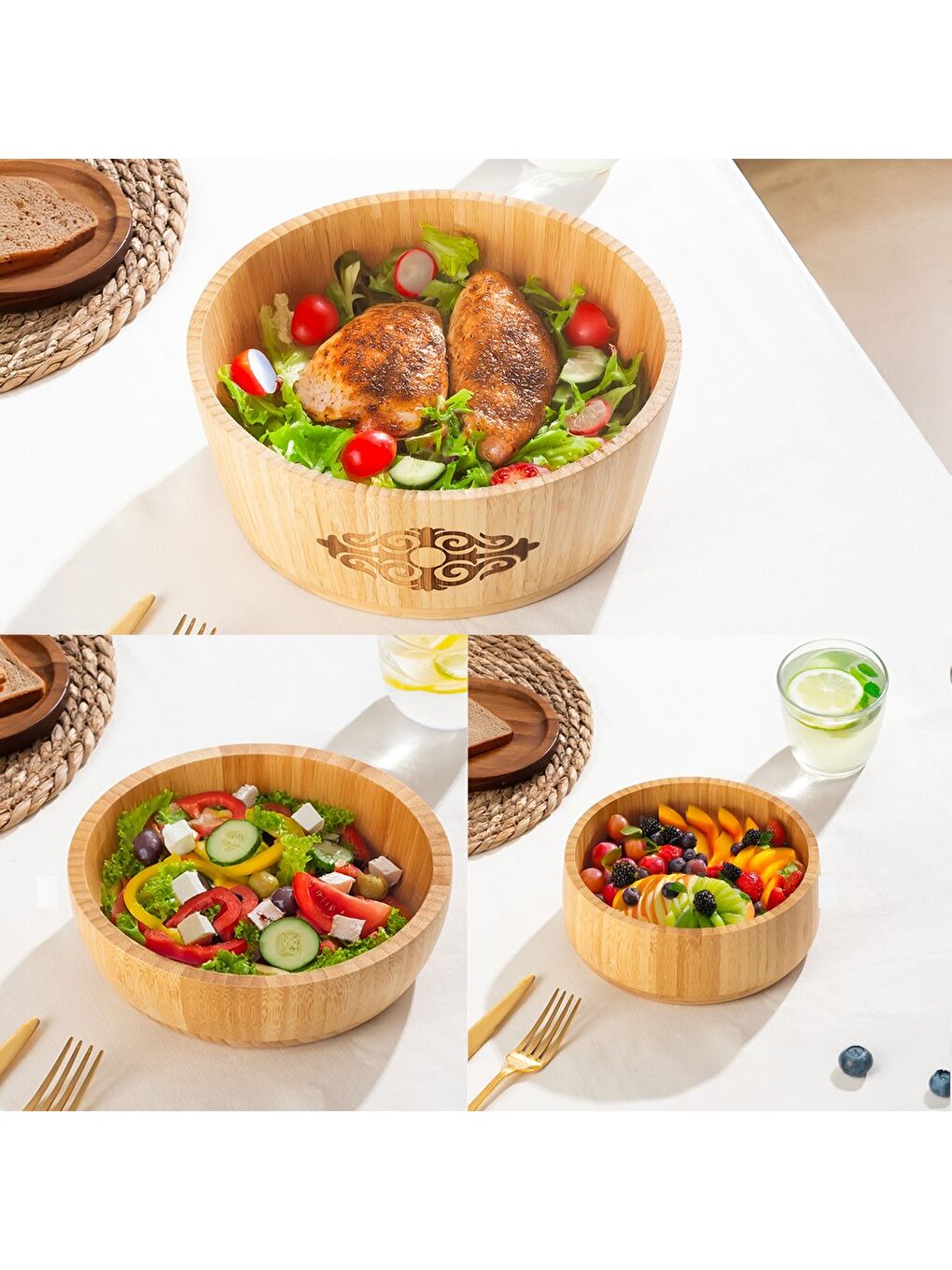 Kahverengi 3lü Doğal Bambu Salata Kasesi Seti-1