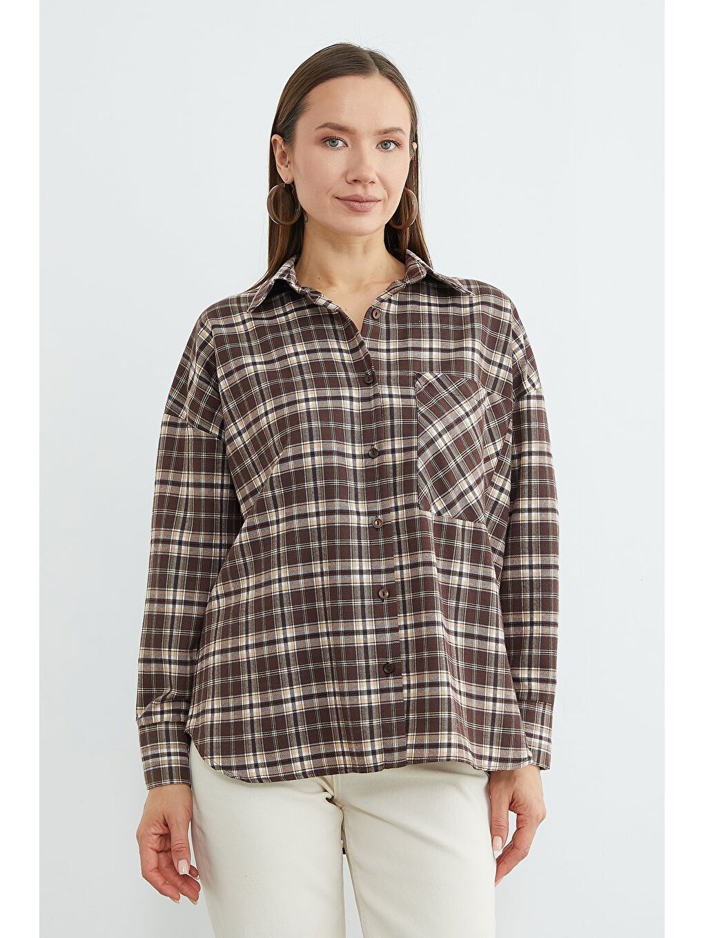 Kahverengi Ekose Desenli Tek Cepli Salaş Gömlek-3