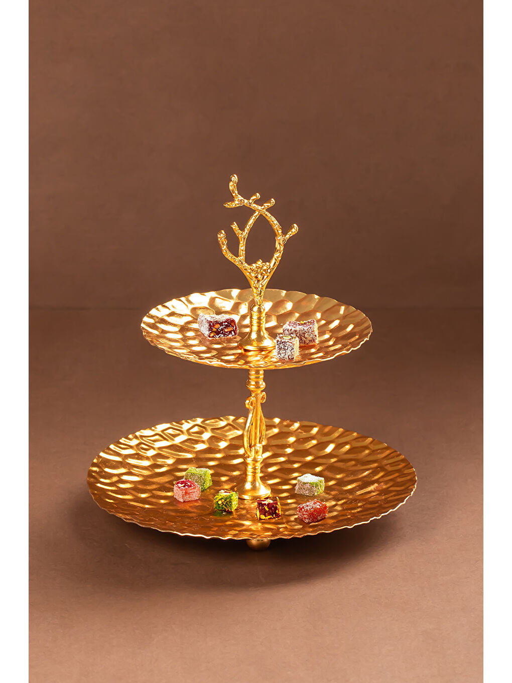 Sarı 2 Katlı Gold Yuvarlak Metal Mini Sunumluk - İkramlık Lokumluk Kurabiyelik Çerezlik
