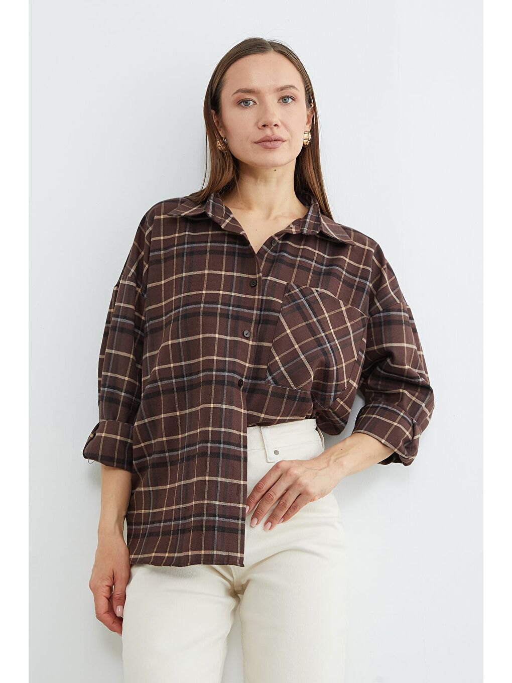Kahverengi Tek Cepli Ekose Desenli Oversize Gömlek-1