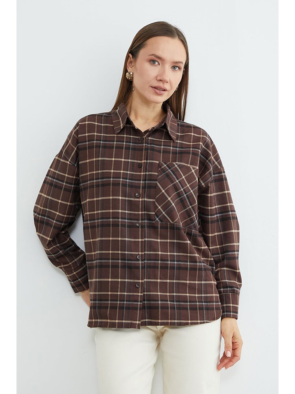 Kahverengi Tek Cepli Ekose Desenli Oversize Gömlek-3