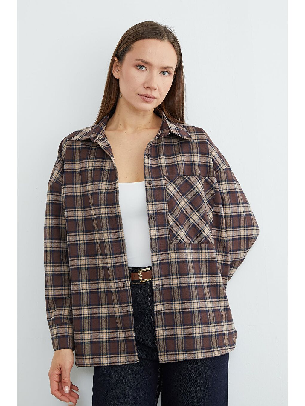 Kahverengi Ekose Desenli Tek Cepli Oversize Gömlek