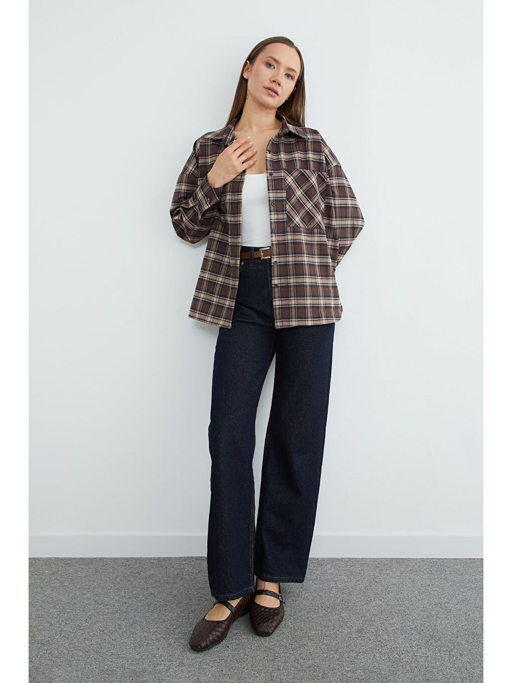 Kahverengi Ekose Desenli Tek Cepli Oversize Gömlek-1