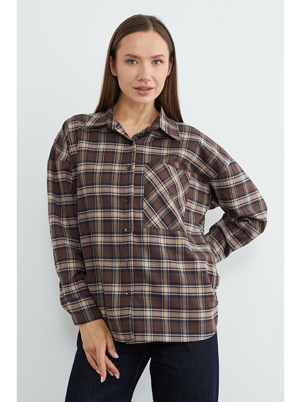 Kahverengi Ekose Desenli Tek Cepli Oversize Gömlek-2