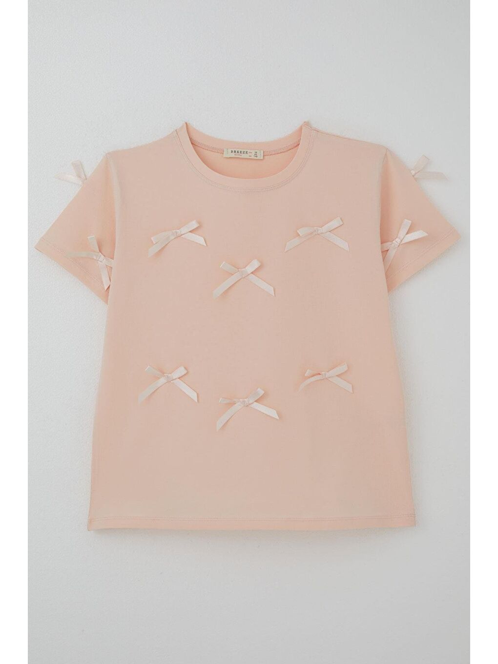 Pembe Kız Çocuk Tişört Fiyonk Aksesuar Detaylı Pudra (9-14 Yaş)