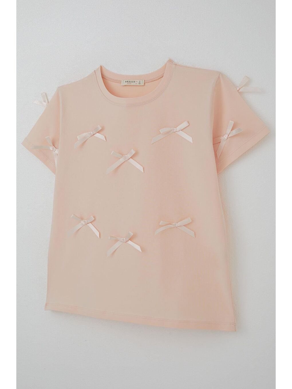 Pembe Kız Çocuk Tişört Fiyonk Aksesuar Detaylı Pudra (9-14 Yaş)-2