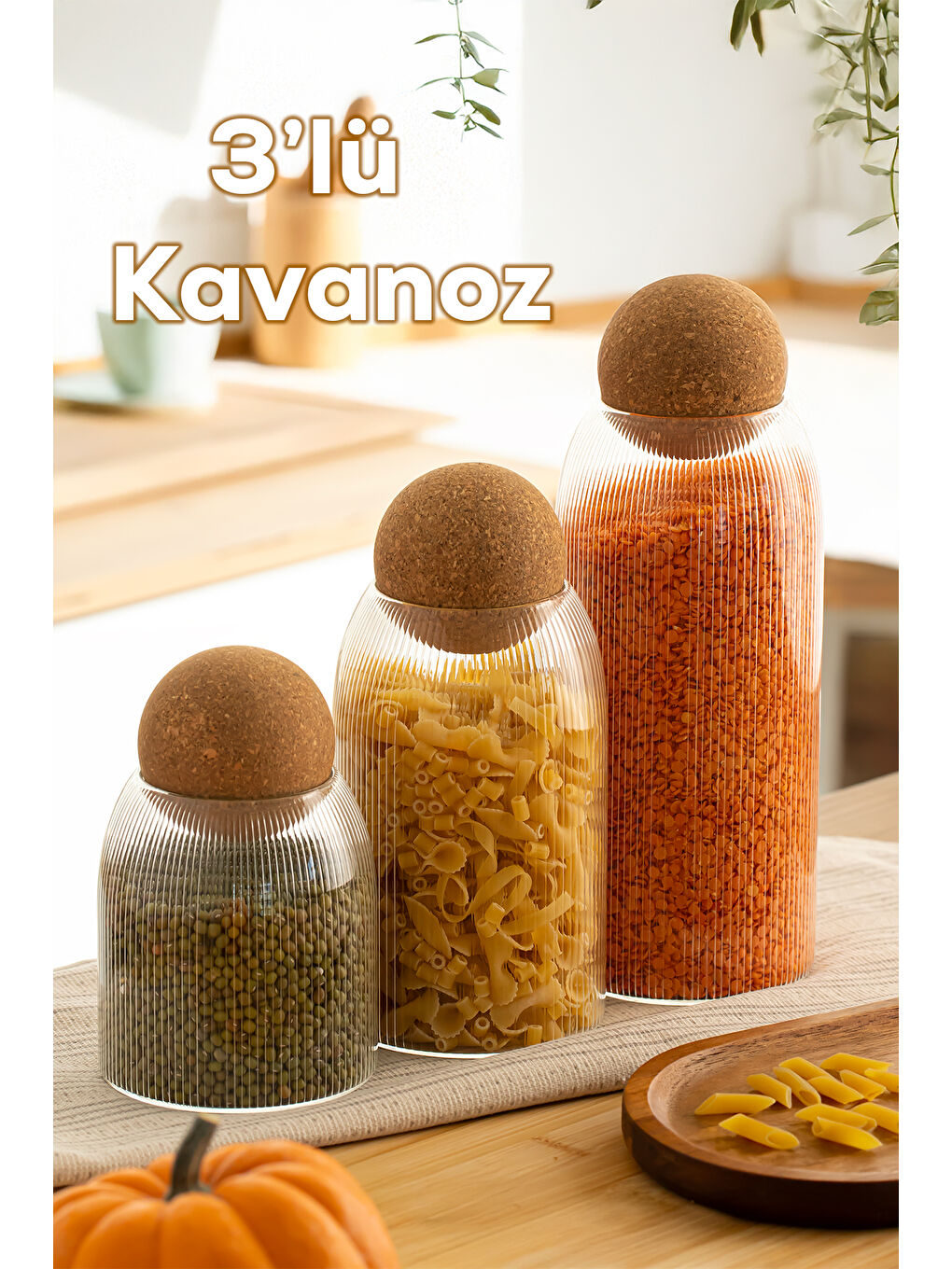 Renksiz Lanford 3'lü Top Mantar Kapaklı Borosilikat Cam Kavanoz Ve Baharatlık Seti