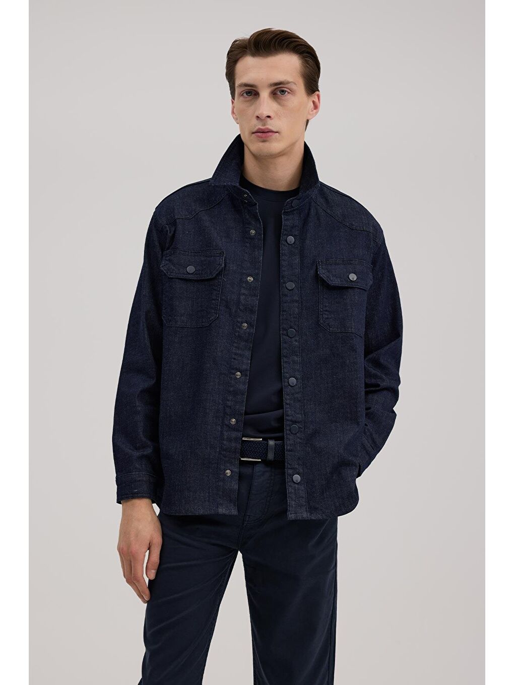 Lacivert Comfort Fit Cepli Pamuklu Jean Gömlek-1