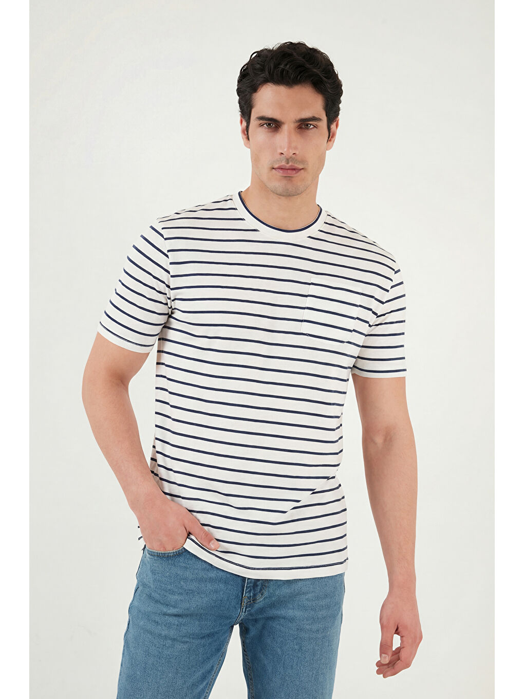 İndigo Pamuklu Çizgili Cep Detaylı Bisiklet Yaka T Shirt 5904057-3