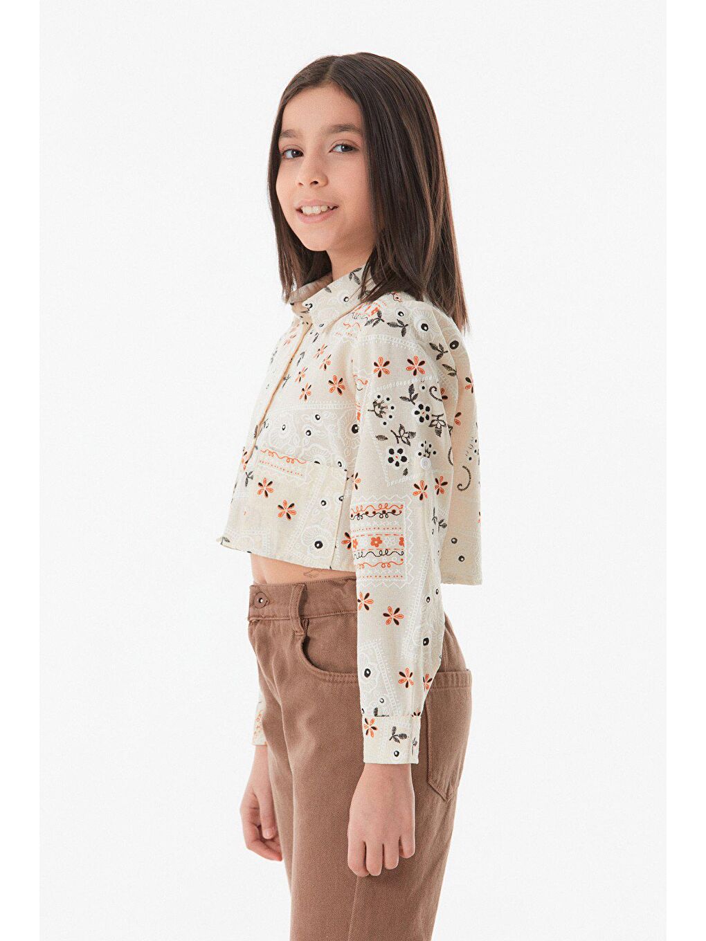 Sarı Baskılı Kolu Katlanabilir Kız Çocuk Gömlek-1