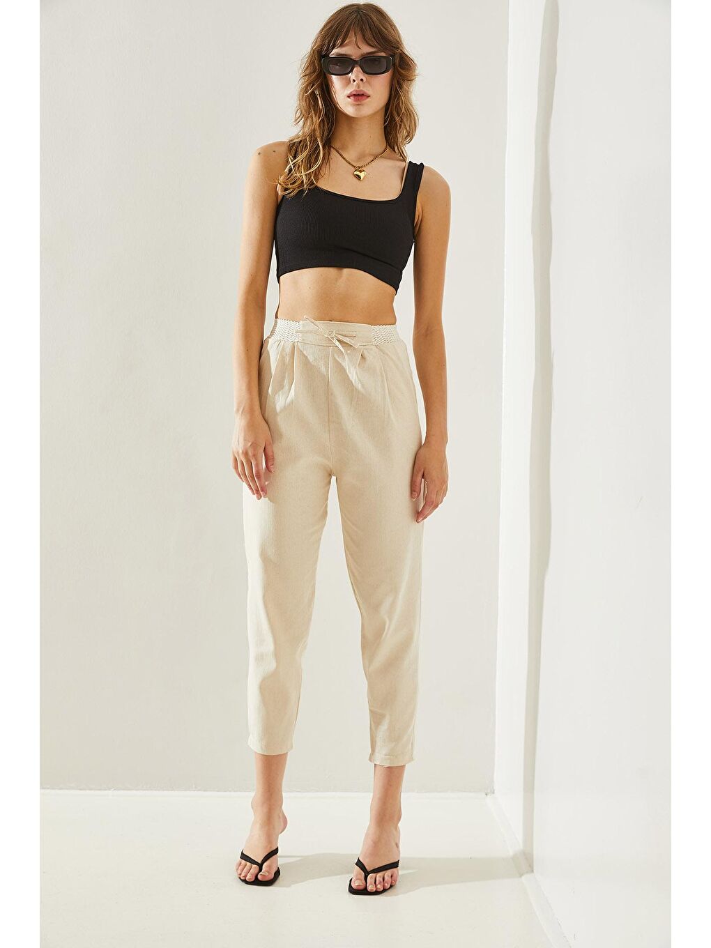 Ekru Kadın Balık Sırtı Keten Bel Detaylı Pantolon-2