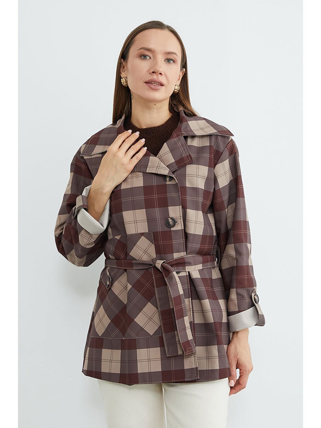 Kahverengi Ekose Desenli Kuşaklı Trençkot-4