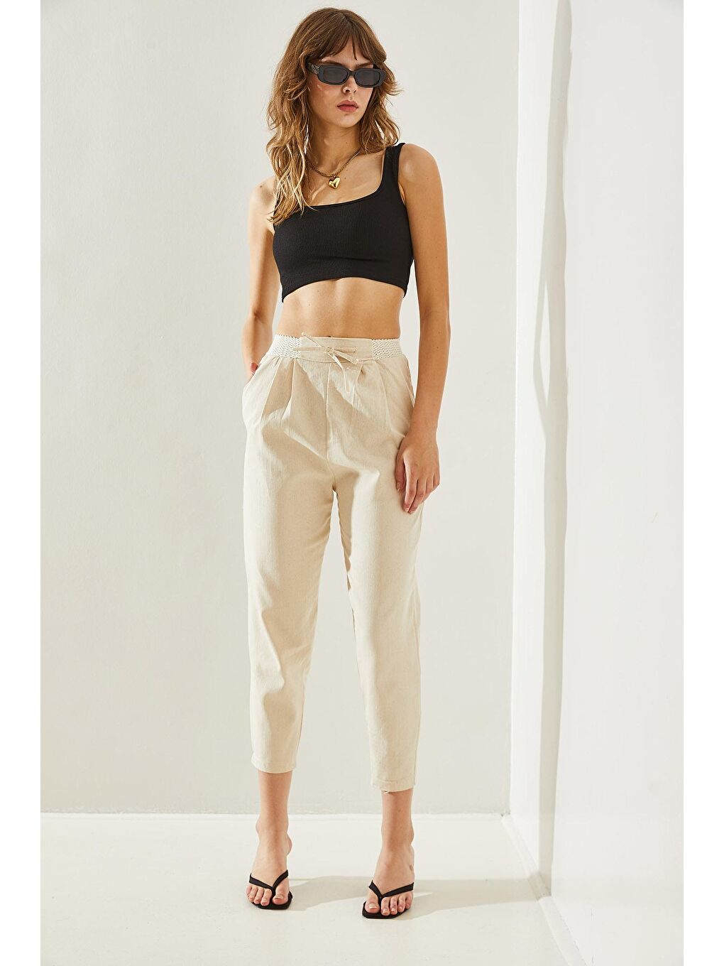 Ekru Kadın Balık Sırtı Keten Bel Detaylı Pantolon-3