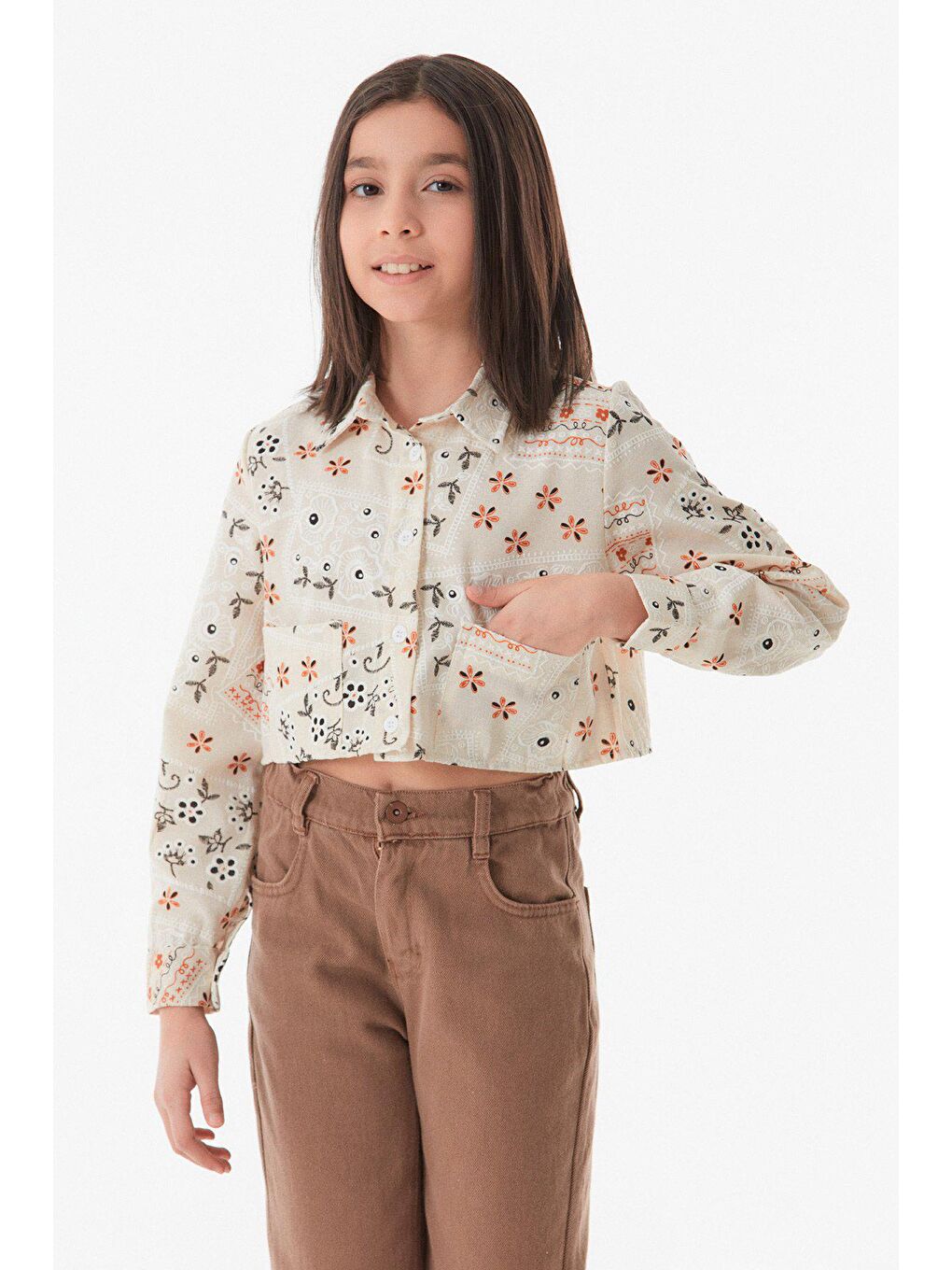 Sarı Baskılı Kolu Katlanabilir Kız Çocuk Gömlek-4