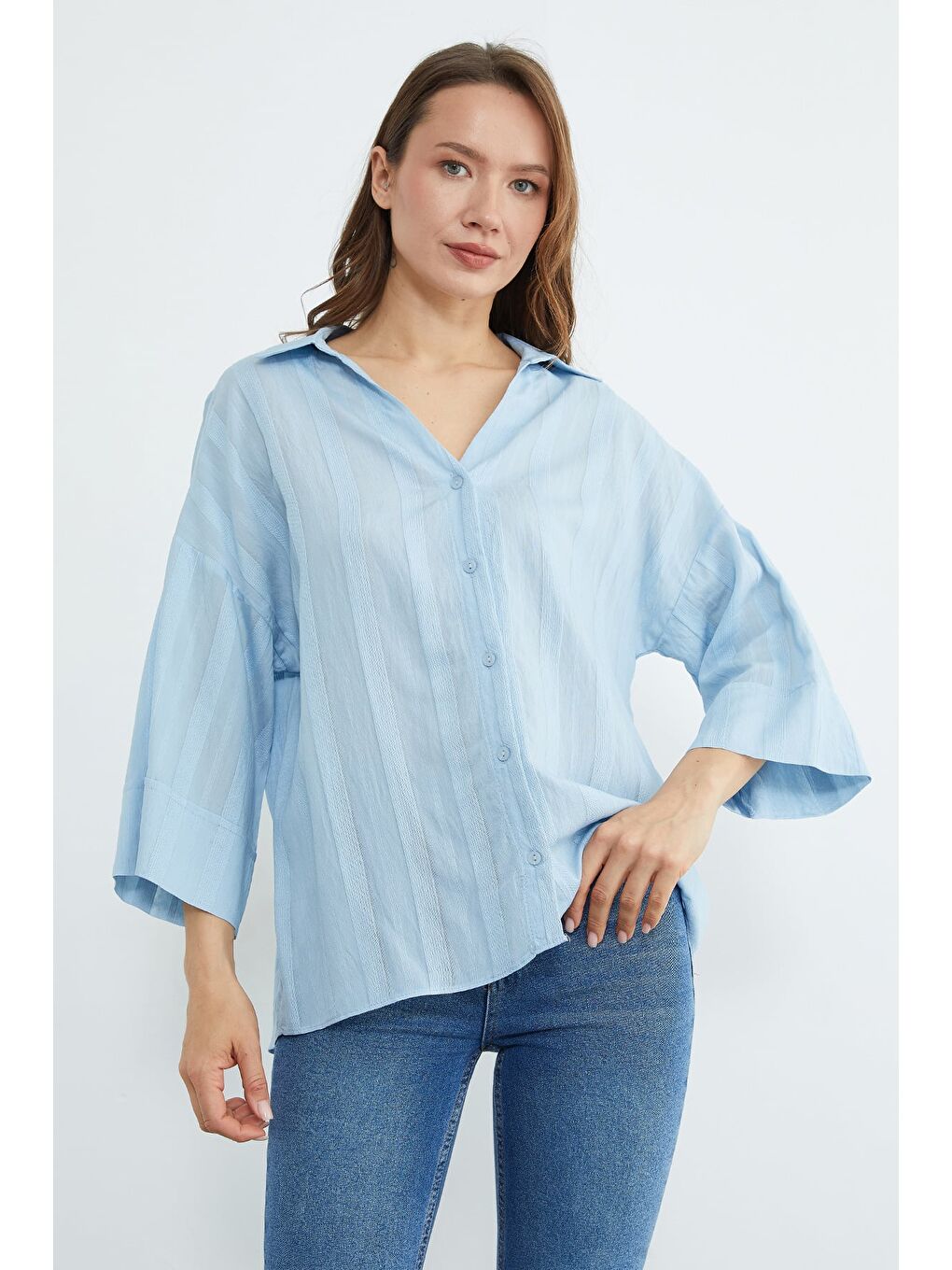 Mavi Çizgili Kapri Kol Salaş Gömlek