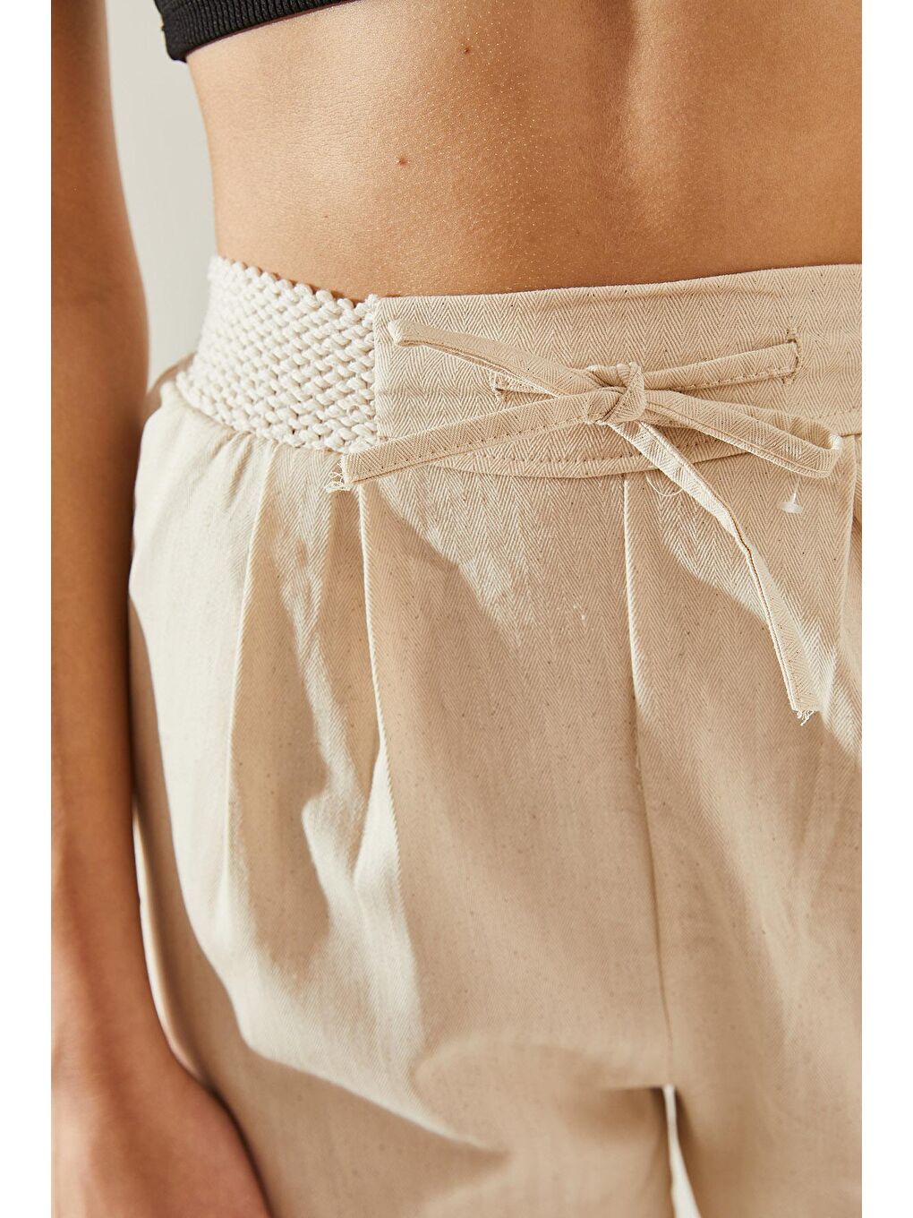 Ekru Kadın Balık Sırtı Keten Bel Detaylı Pantolon-5