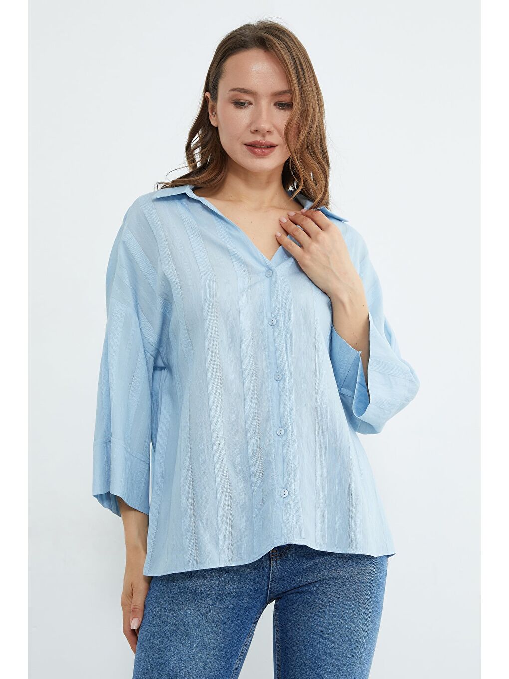 Mavi Çizgili Kapri Kol Salaş Gömlek-1