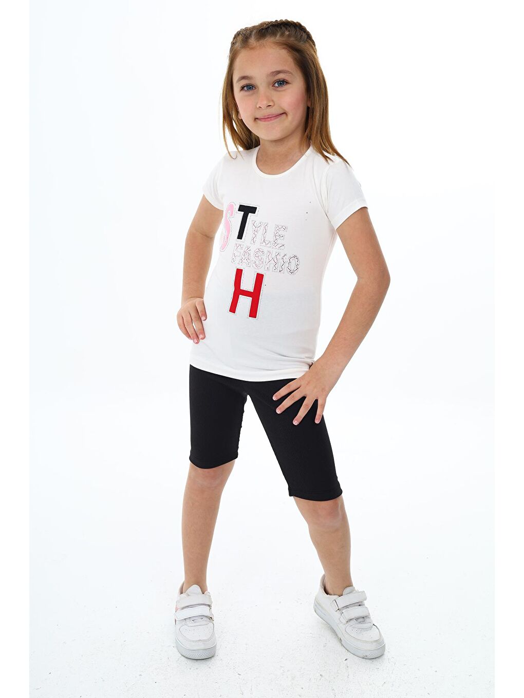 Beyaz Kız Çocuk Kısa Taytlı Takım (Tişört+Tayt) 3-13 Yaş Zu101-1