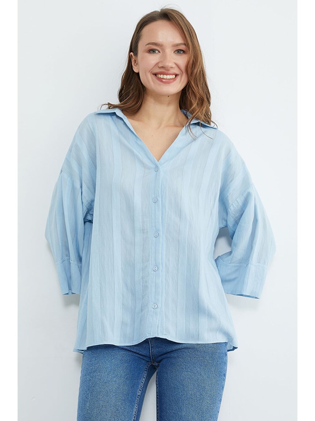 Mavi Çizgili Kapri Kol Salaş Gömlek-3