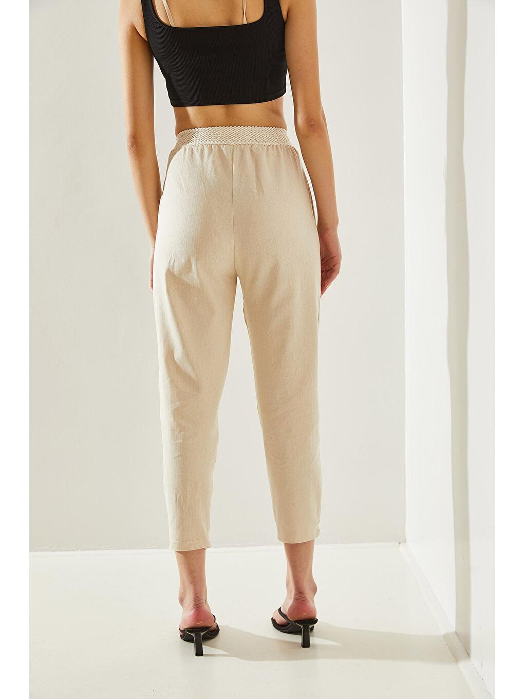 Ekru Kadın Balık Sırtı Keten Bel Detaylı Pantolon-6