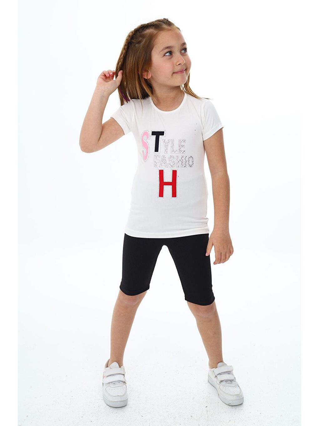 Beyaz Kız Çocuk Kısa Taytlı Takım (Tişört+Tayt) 3-13 Yaş Zu101-2