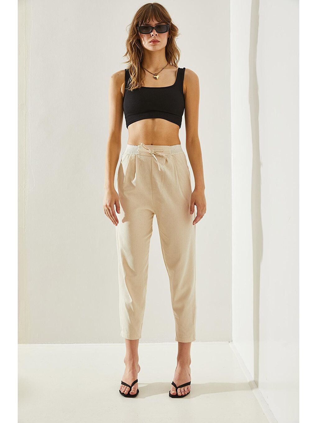 Ekru Kadın Balık Sırtı Keten Bel Detaylı Pantolon-7