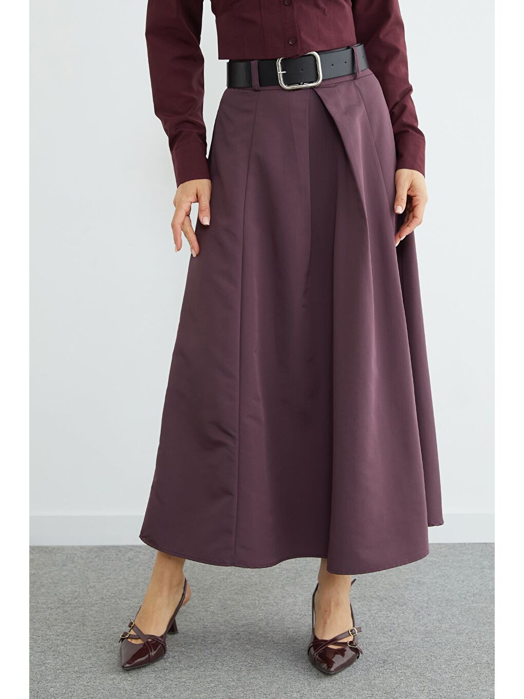 Mor Kemerli Pileli Maxi Boy Etek-1
