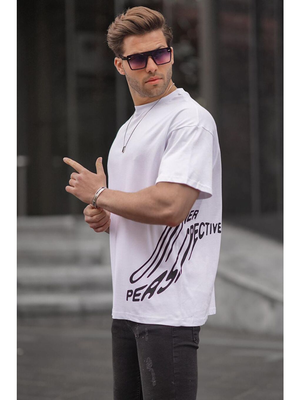 Beyaz Desenli Erkek %100 Pamuk Tişört 6178-1