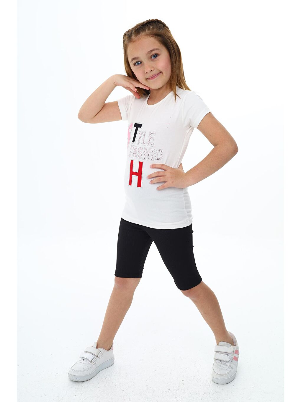 Beyaz Kız Çocuk Kısa Taytlı Takım (Tişört+Tayt) 3-13 Yaş Zu101-3