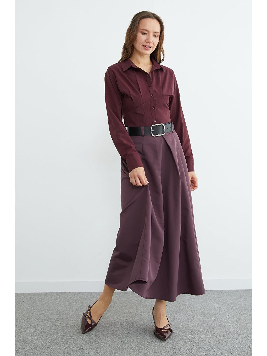 Mor Kemerli Pileli Maxi Boy Etek-3