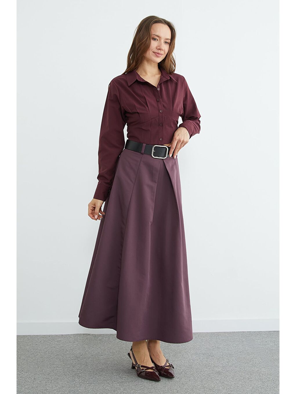 Mor Kemerli Pileli Maxi Boy Etek-4