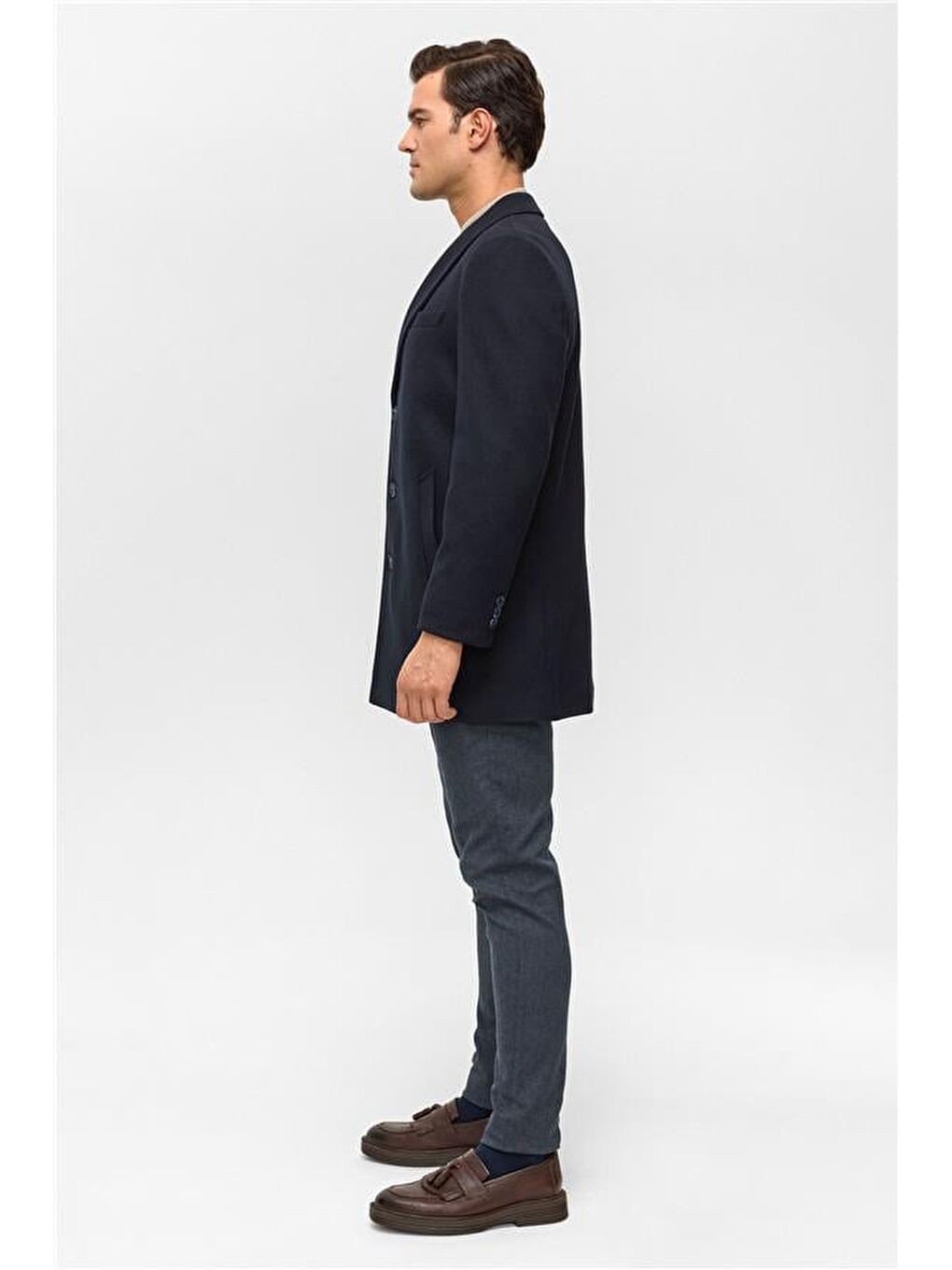 Lacivert Slim Düz Sivri Yaka Kaban-5