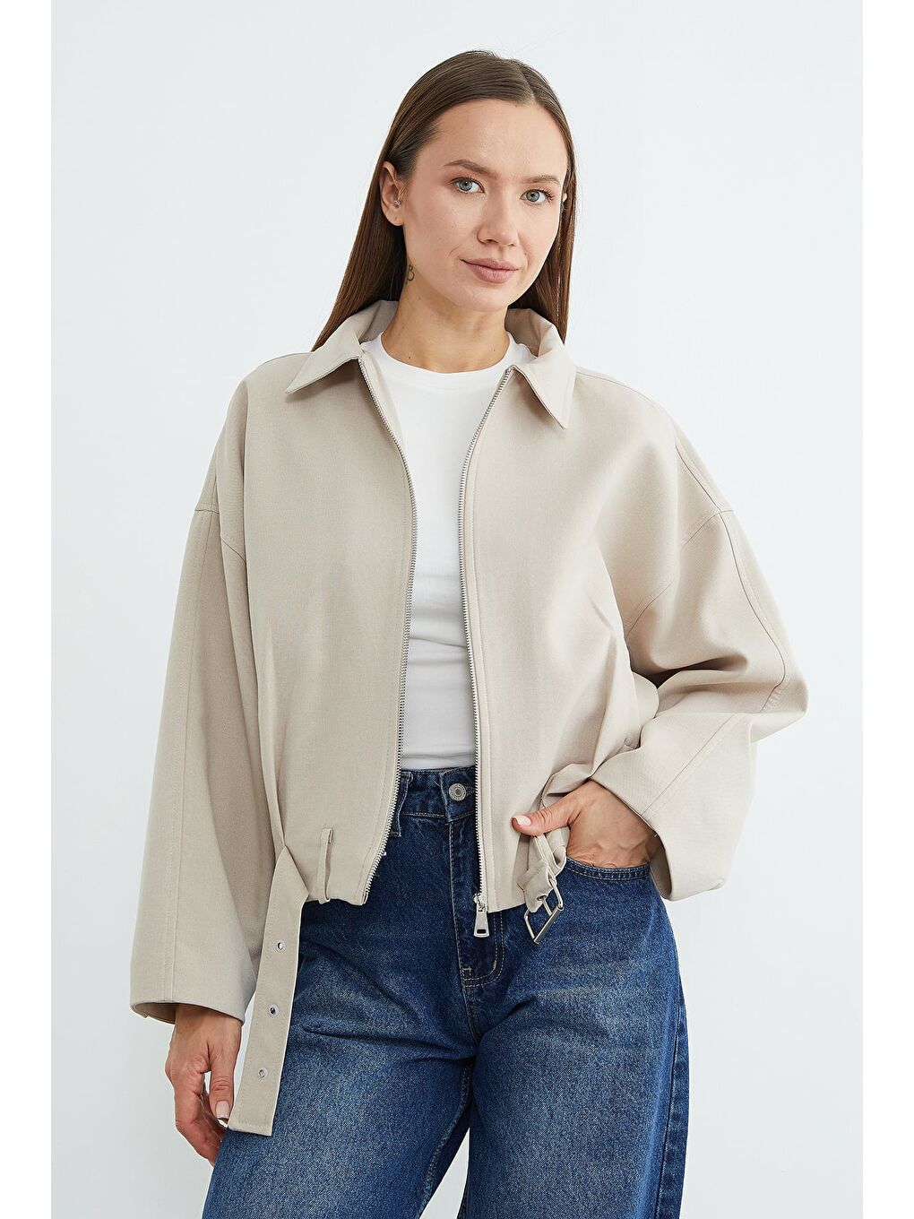 Bej Kemerli Pileli Oversize Trençkot-2