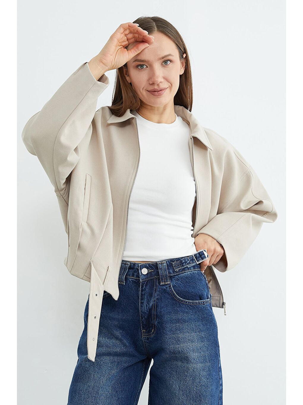 Bej Kemerli Pileli Oversize Trençkot-3