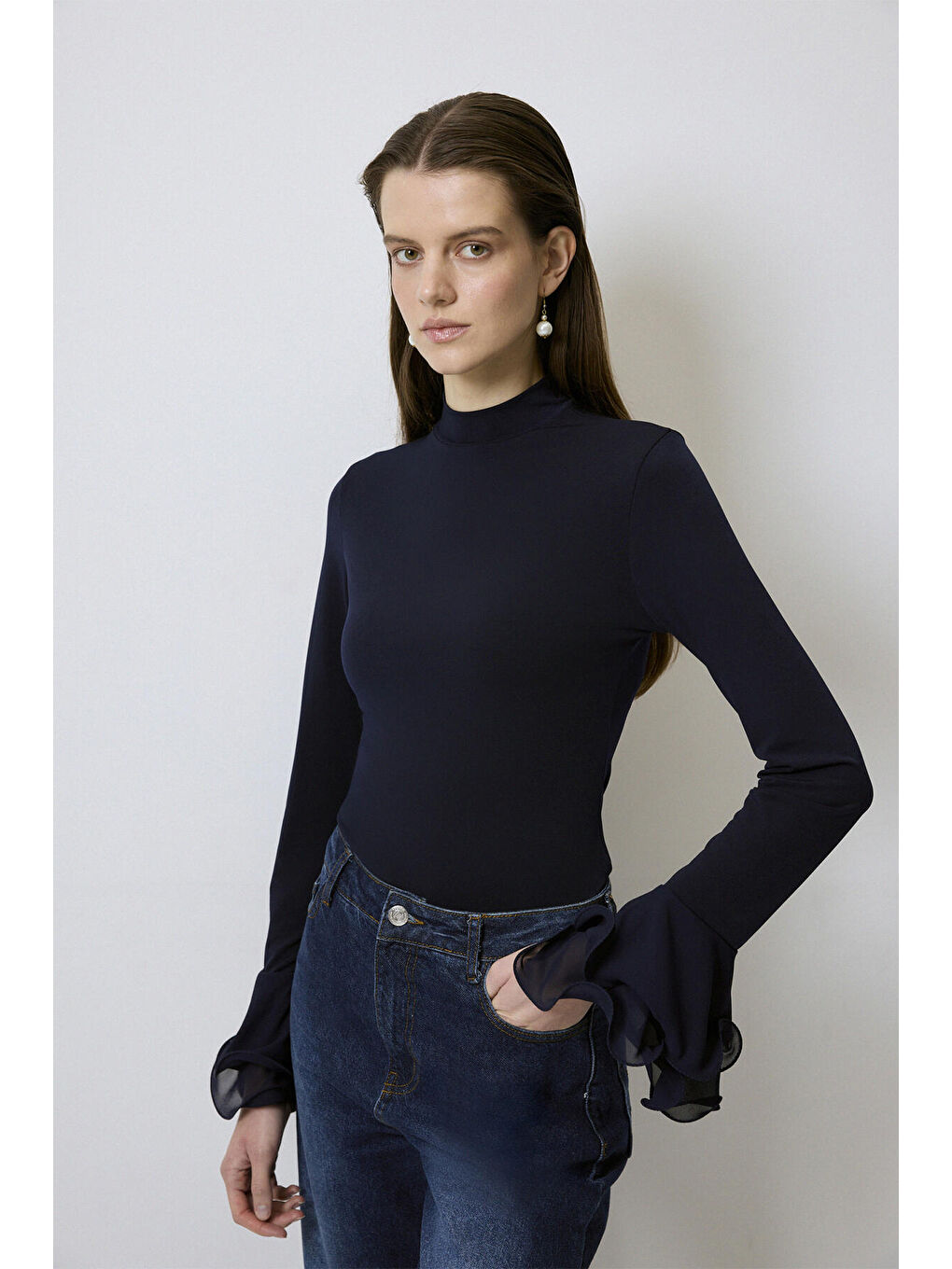 Lacivert Şifon Kollu Örme Bluz-2