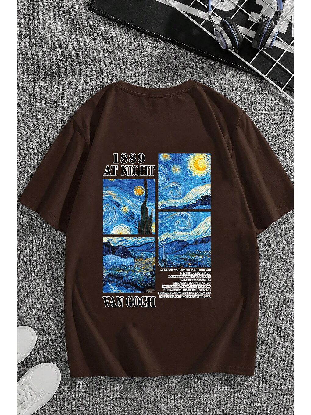 uyguntarz Kahverengi Unisex Van Gogh Baskılı Oversize Tshirt - 1