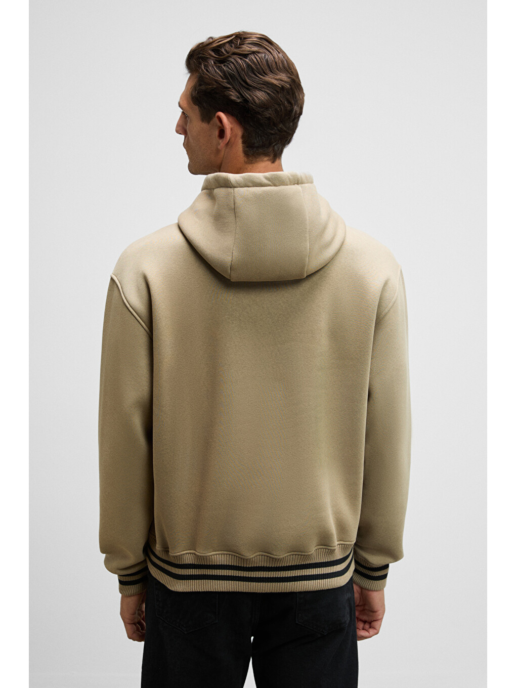 Bej Phantoseas Erkek Kapüşonlu Önü Nakışlı Etek Ve Kol Triko Detaylı Vizon Sweatshirt-3