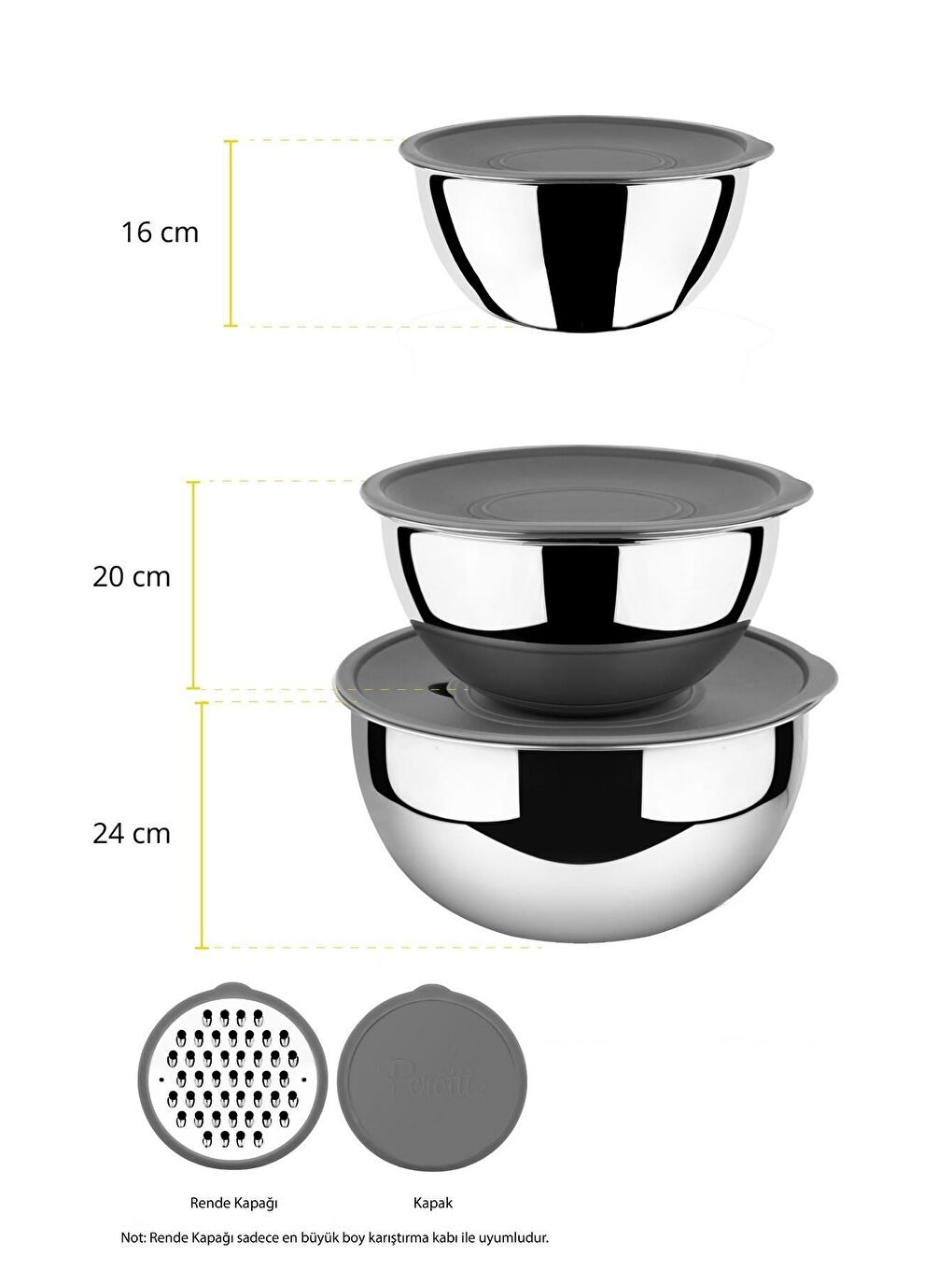 Pro Gri 8 Parça Rendeli Karıştırma Ve Saklama Kabı (16-20-24 CM)-3