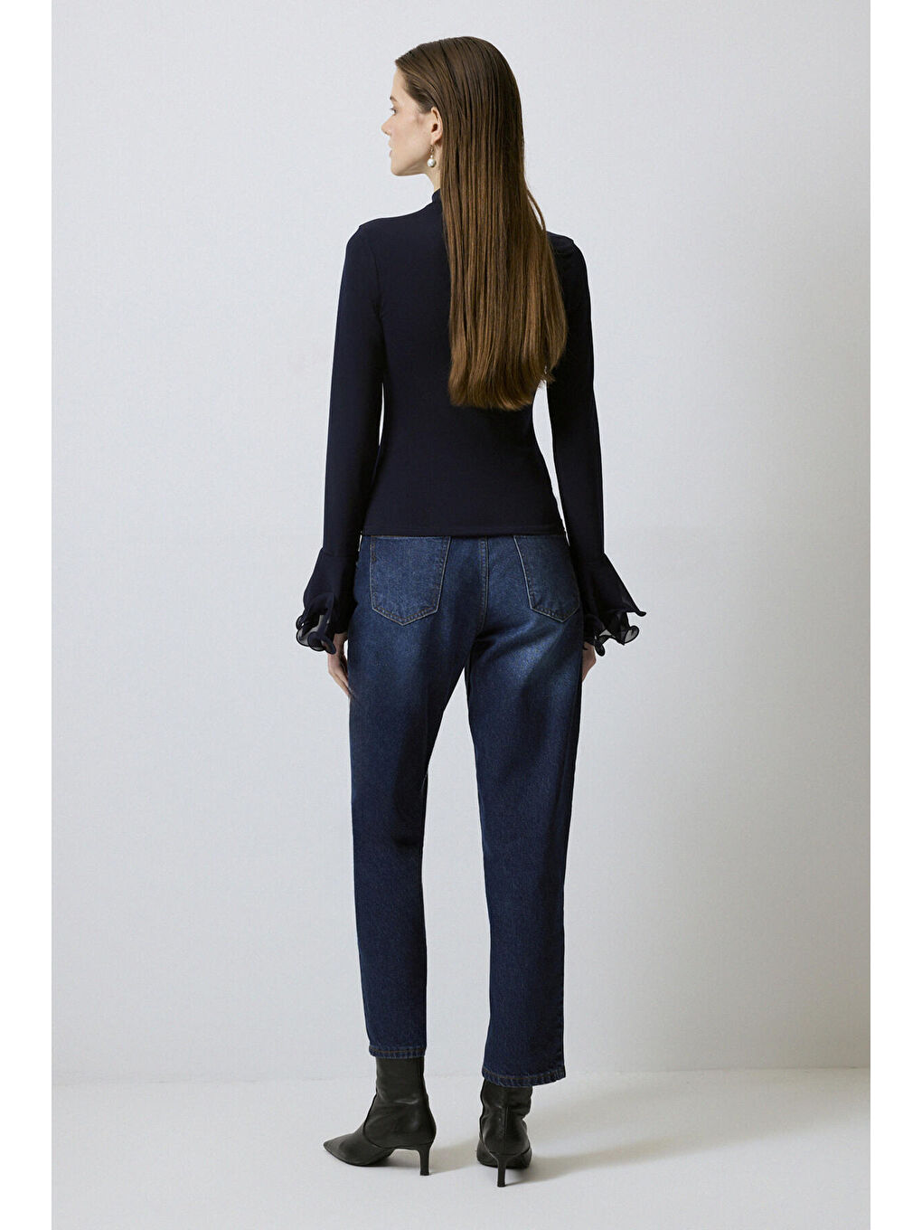 Lacivert Şifon Kollu Örme Bluz-4