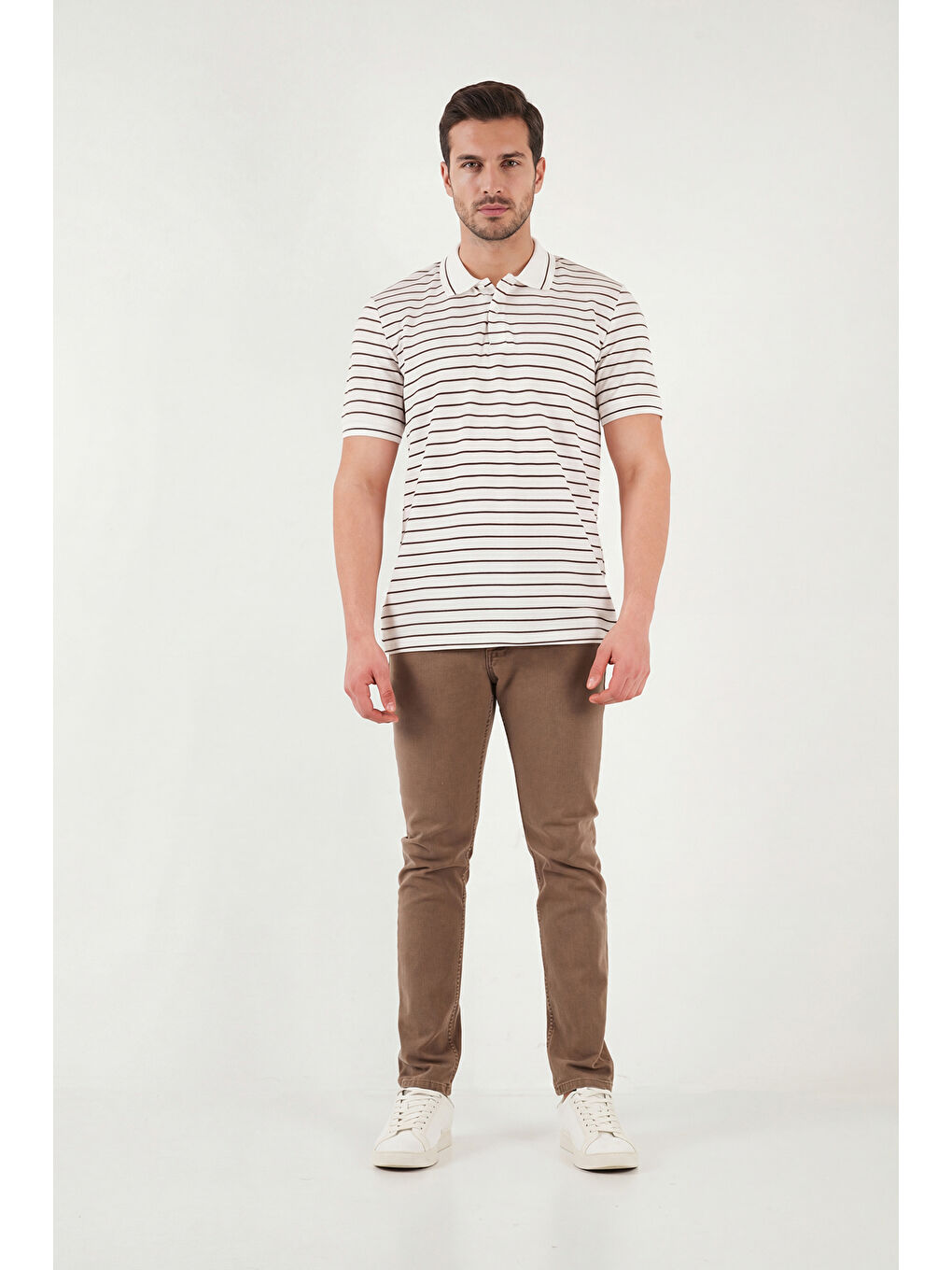 Kahverengi Çizgili Kısa Kollu Düğmeli Polo T Shirt 5904026-2